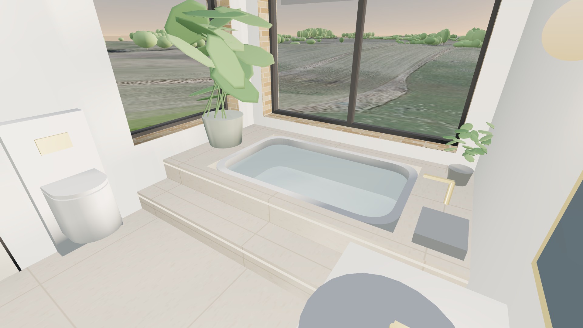 Badeværelse med nedsænket badekar under et stort vindue