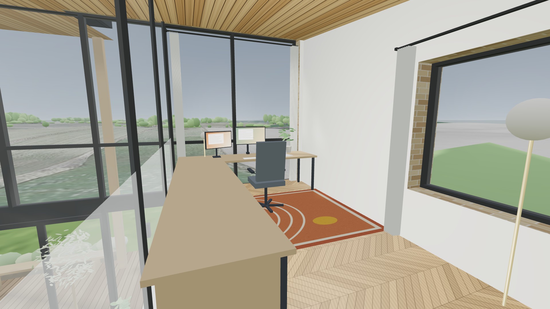 Kontor med skrivebord ved glasfacaden